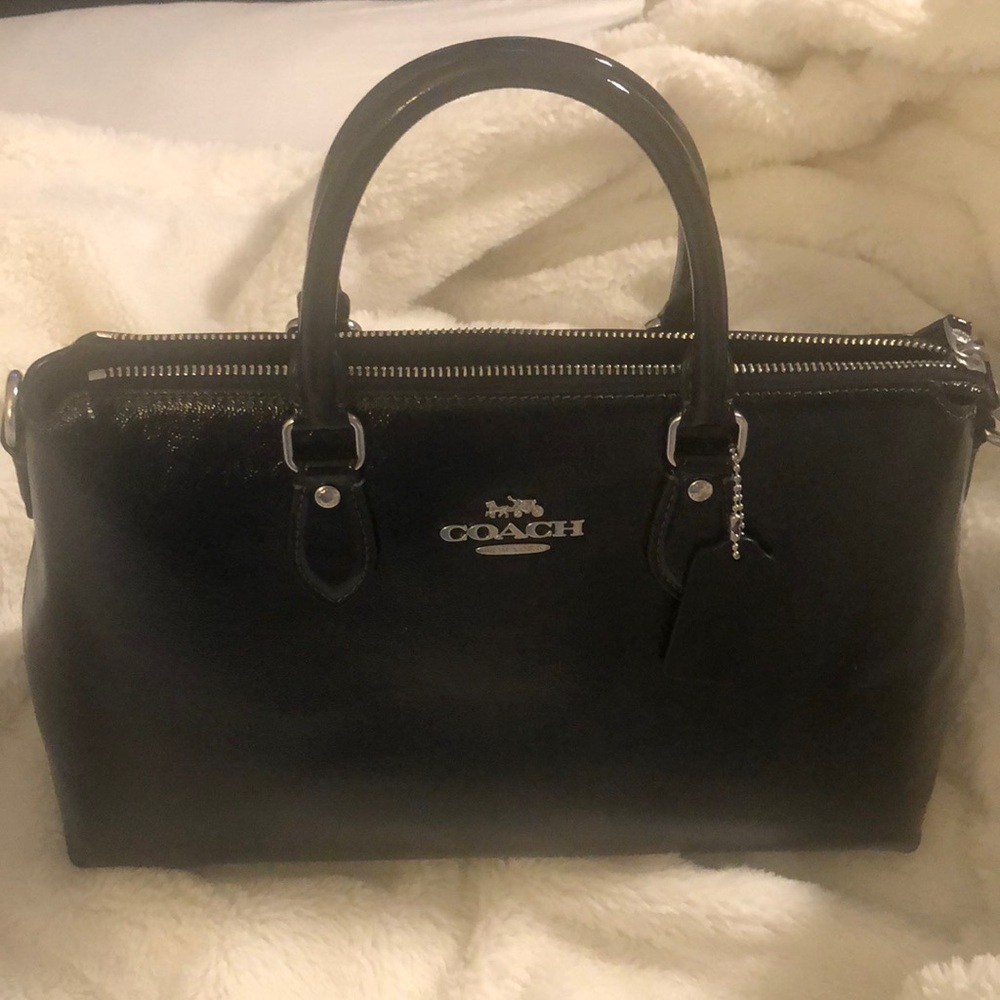 Coach Crinkle Black Patent  Georgia Satchel Handbag W/Crossbody Strap